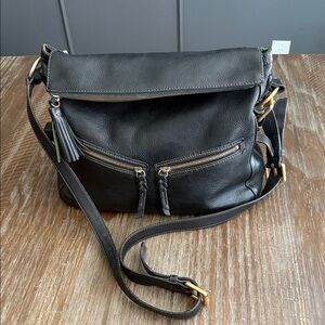 Dooney & Bourke Florentine Black Leather Foldover Tassle Large Crossbody Bag